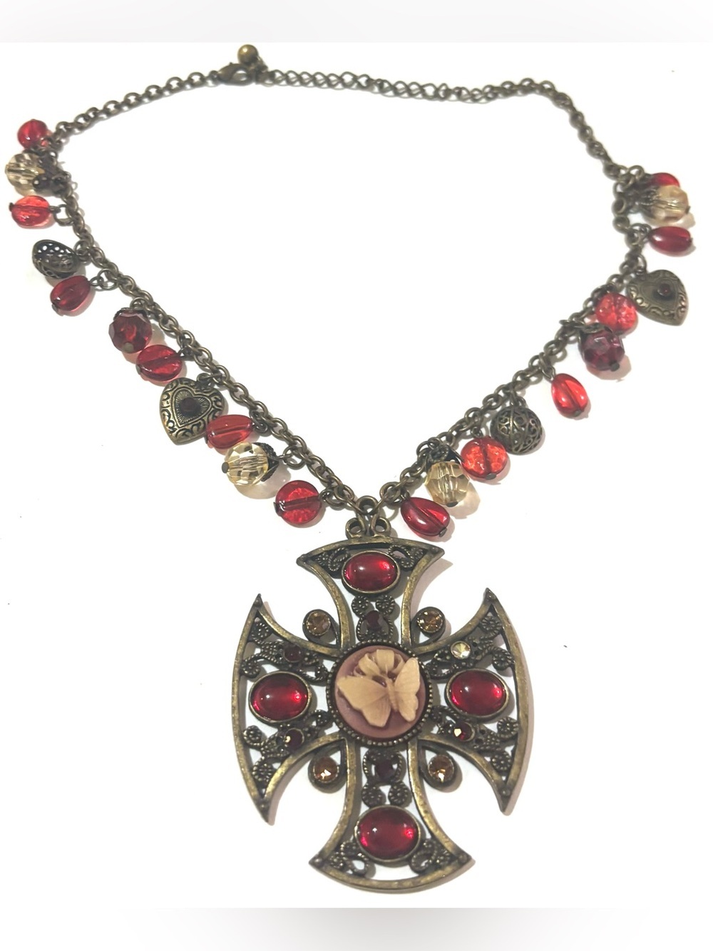 Vintage Red and Champagne Cross Pendant Necklace